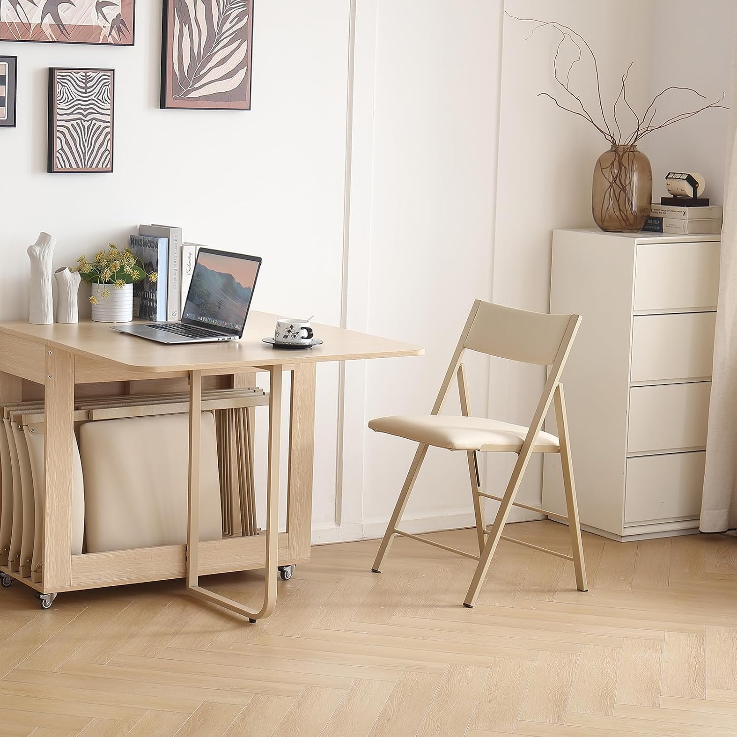 Folding Dining Chairs and Table Set, Space-Saving Dining Table and 2 Padded Steel Frame Folding Chairs(Wood), Drop Leaf Dining Table with Extra Large Storage Space and 2 Drawers