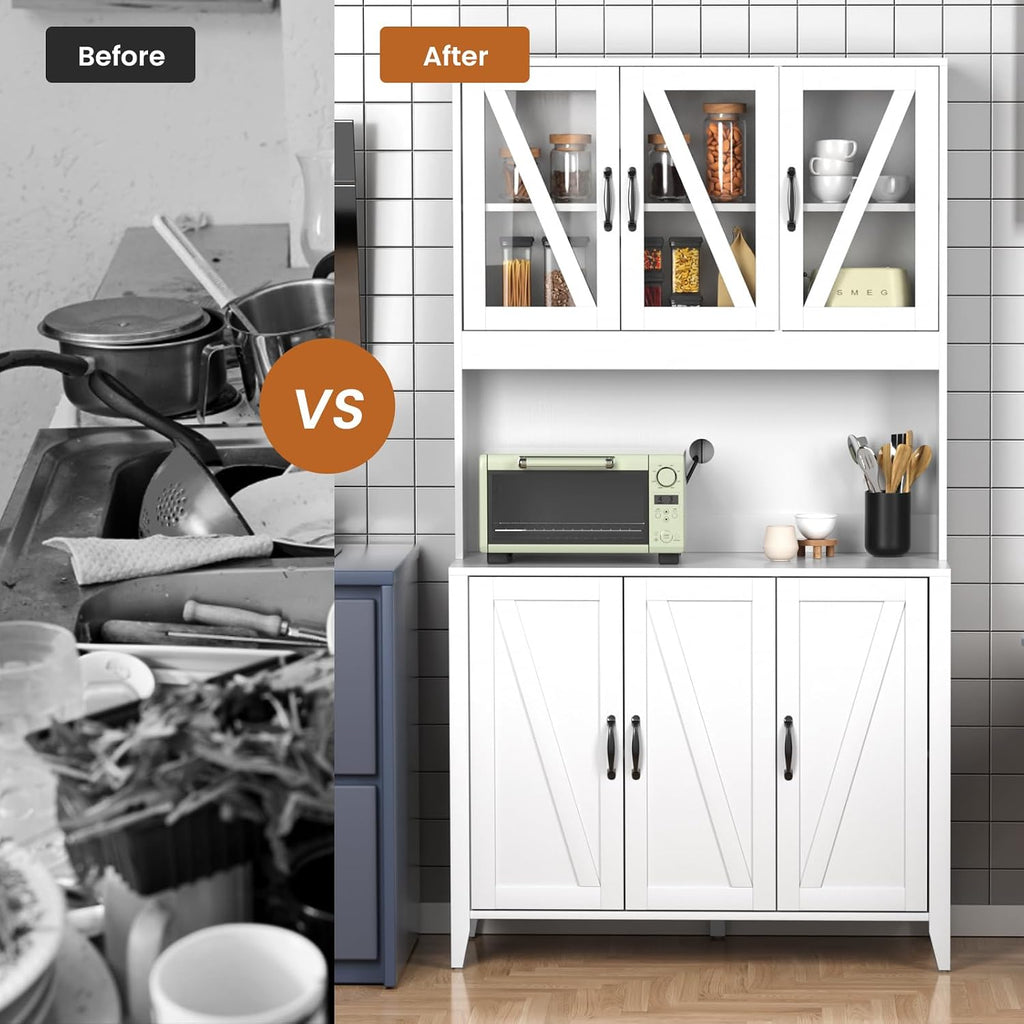 VOWNER Kitchen Pantry Storage Cabinet, Tall Kitchen Cabinets with 6 Doors, Freestanding Storage Cabinet with Adjustable Shelves for Kitchen, Dining Room, White