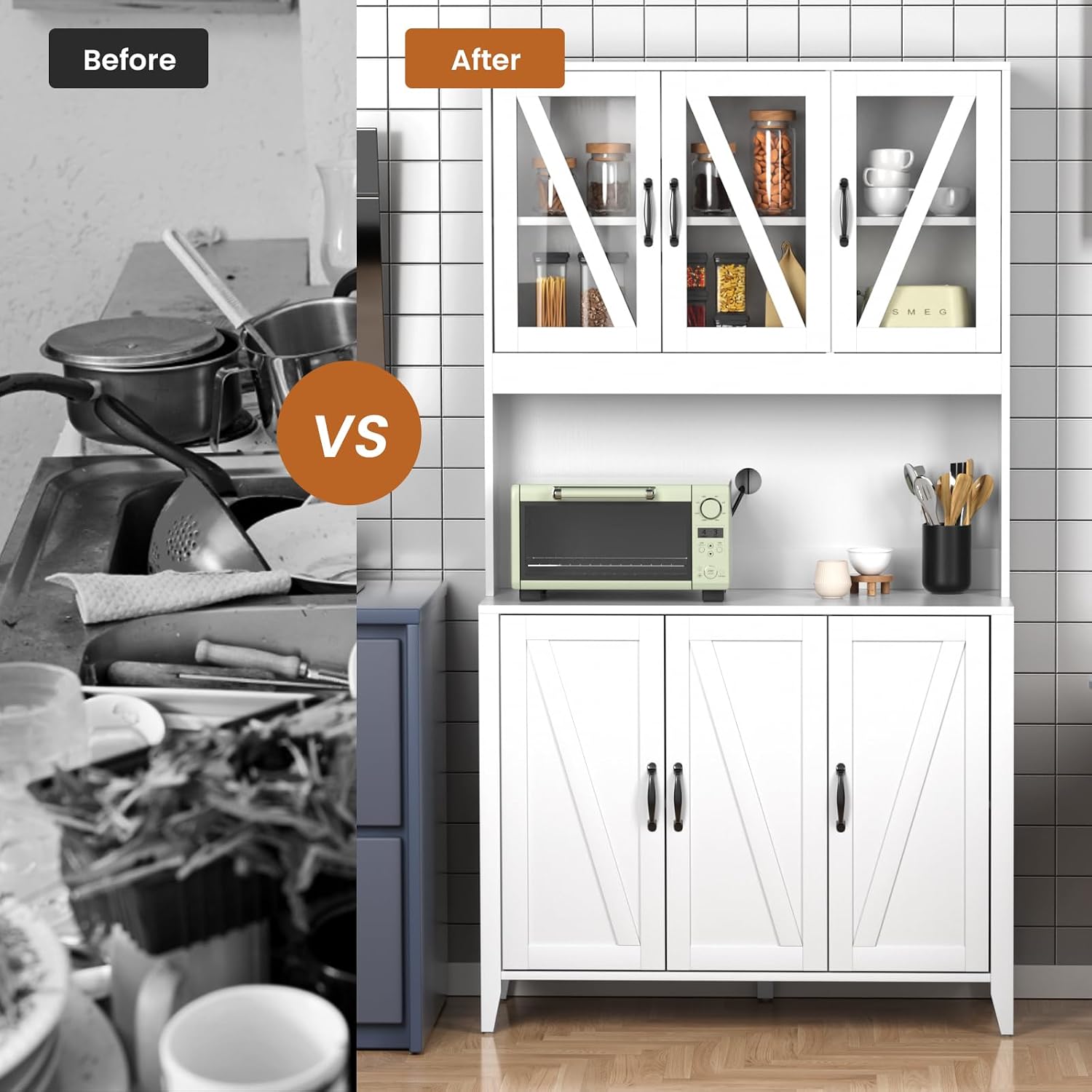 VOWNER Kitchen Pantry Storage Cabinet, Tall Kitchen Cabinets with 6 Doors, Freestanding Storage Cabinet with Adjustable Shelves for Kitchen, Dining Room, White