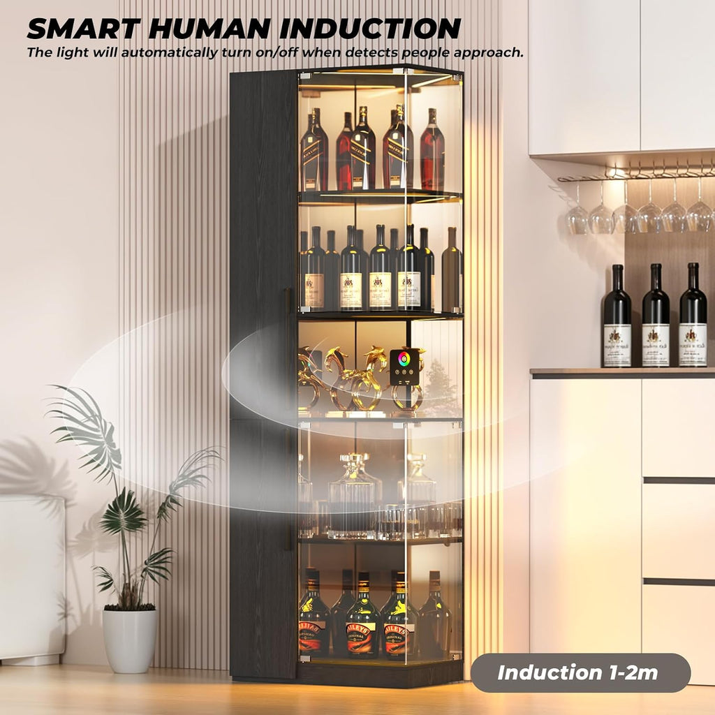VersionTECH. Glass Display Cabinet with RGB Lights, 5-Tier Curio Cabinets with Glass Doors for Collectibles, Display Case with Adjustable Shelves, Human Sensor, Charging Station, Mirror Backing, Black