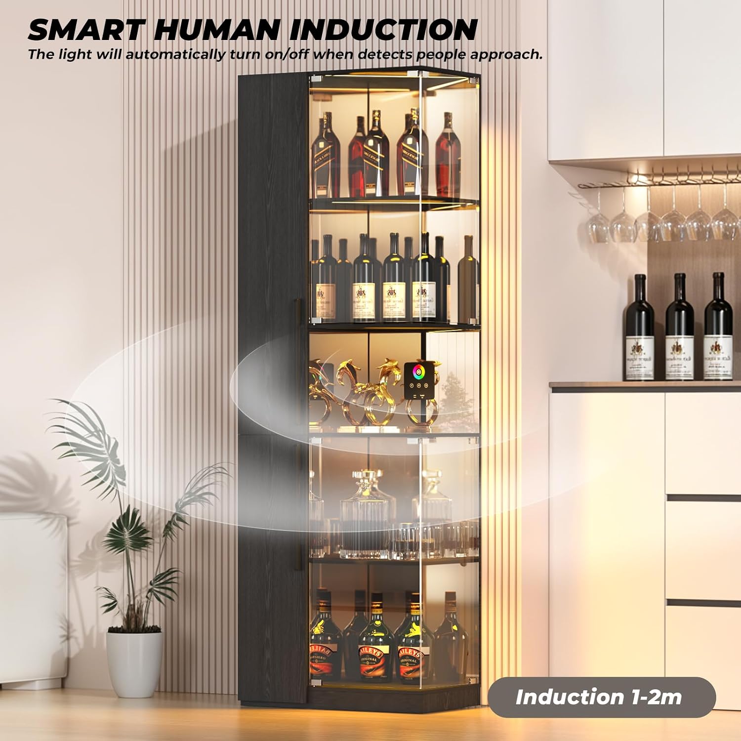 VersionTECH. Glass Display Cabinet with RGB Lights, 5-Tier Curio Cabinets with Glass Doors for Collectibles, Display Case with Adjustable Shelves, Human Sensor, Charging Station, Mirror Backing, Black
