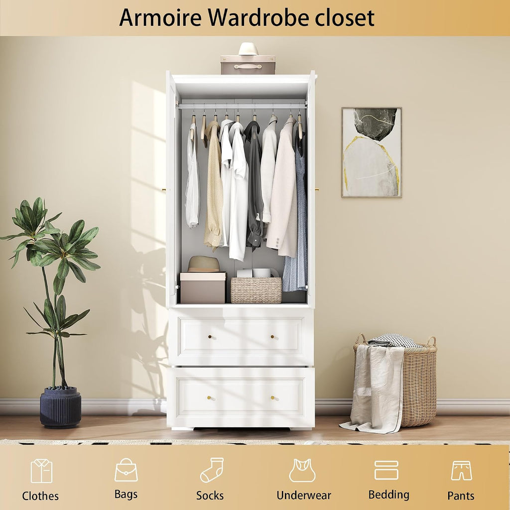 Bedroom Armoires Wardrobe Closet with 2 Doors: 74" White Wardrobe Cabinet with 2 Drawers, Modern Wood Closet for Hanging Clothes, Large Wardrobes Storage Closets (White, 31.4")