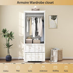 Bedroom Armoires Wardrobe Closet with 2 Doors: 74" White Wardrobe Cabinet with 2 Drawers, Modern Wood Closet for Hanging Clothes, Large Wardrobes Storage Closets (White, 31.4")