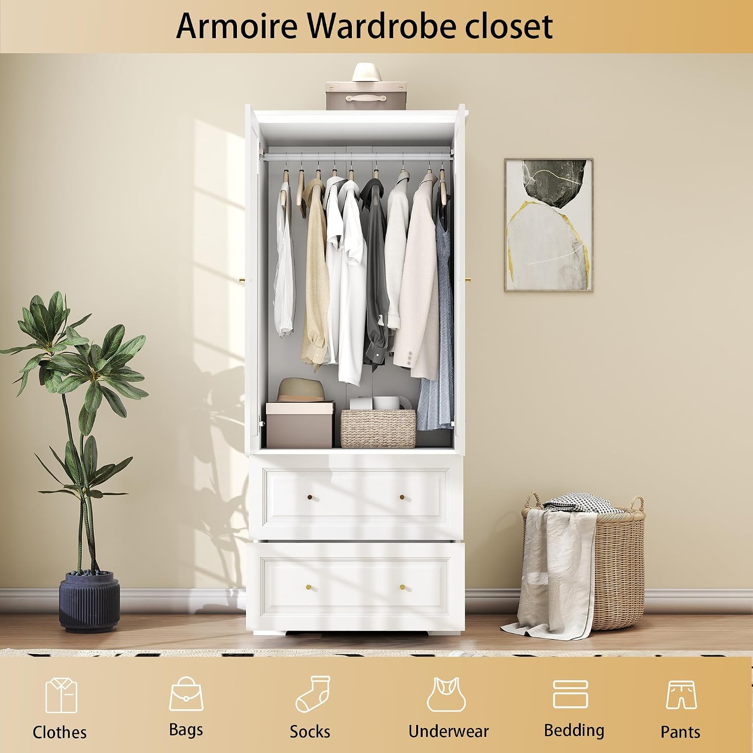 Bedroom Armoires Wardrobe Closet with 2 Doors: 74" White Wardrobe Cabinet with 2 Drawers, Modern Wood Closet for Hanging Clothes, Large Wardrobes Storage Closets (White, 31.4")