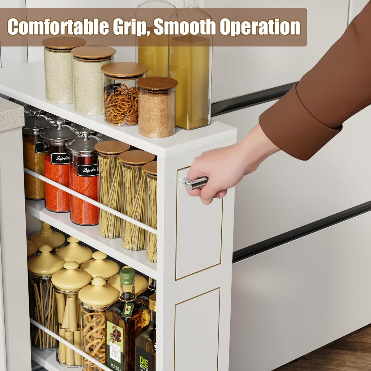 KLM 4 Tier White Slim Storage Cart with Handle, Slide Out Storage Rolling Utility Cart for Kitchen, Laundry, Narrow Places-6.7" W