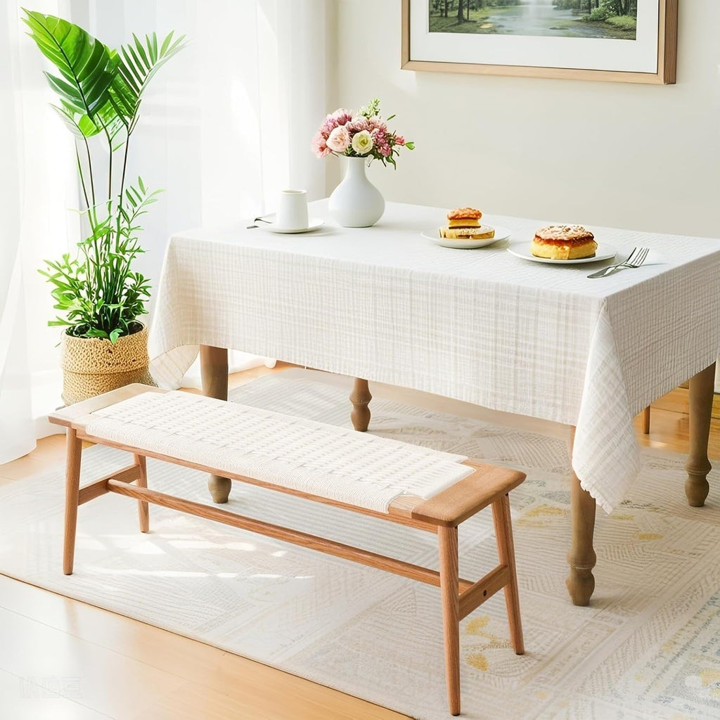 Solid Wood Entryway Bench, 43.31" Wooden Dining Bench, End of Bed Benches w/Hand-Woven Rope Seat for Bedroom, Kitchen Dining Room, Living Room, Entry Décor (White Rope)