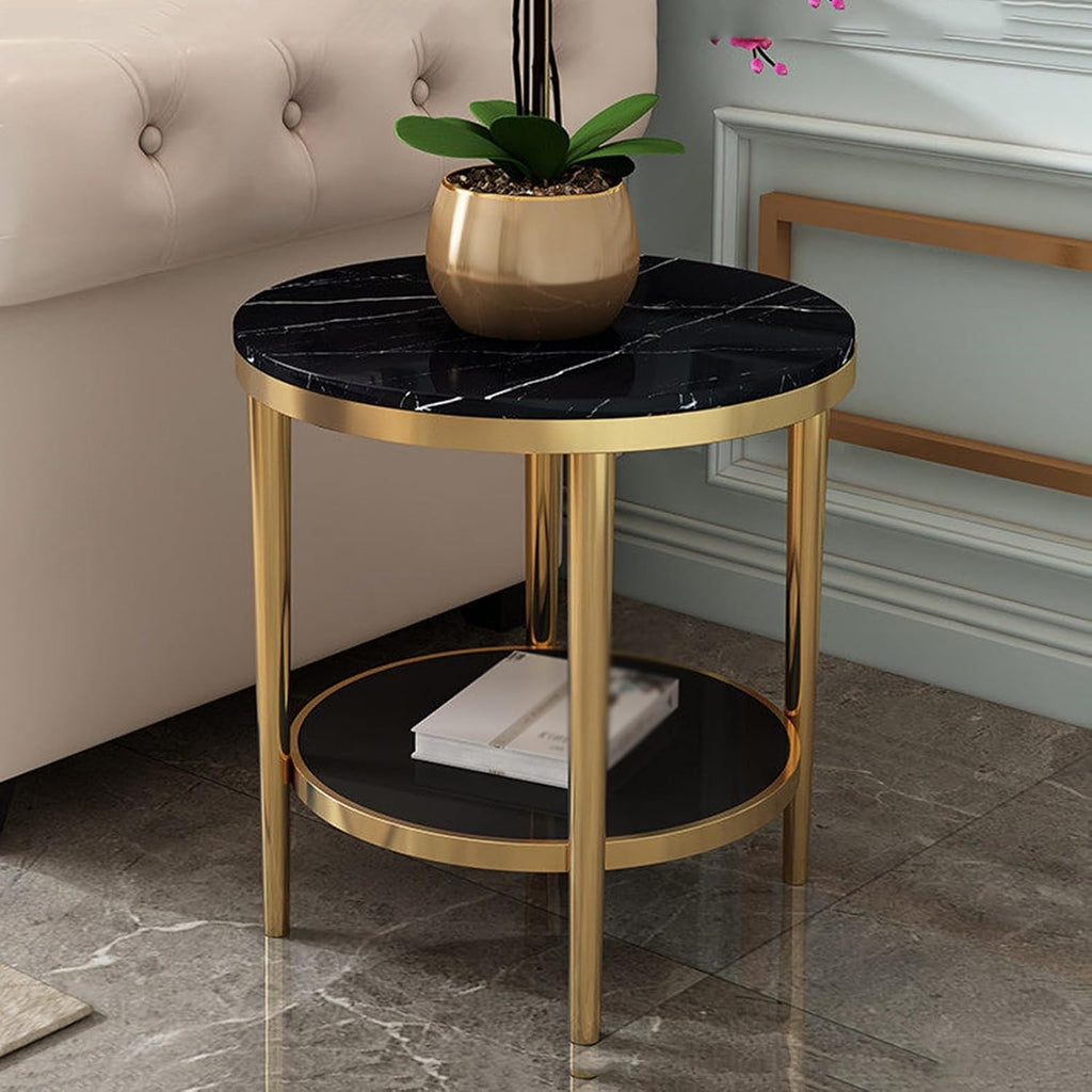 Bedside/Sofa Side Table: Stainless Steel & Marble Two-Tier Small Round Table – Suitable for Living Room Sofas and Corners