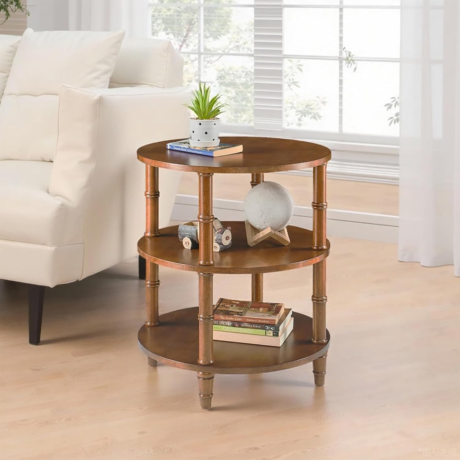 3-Tier Solid Wood Round End Table, Sofa Side Table with Open Storage Shelf Modern Oriental Nightstand Corner Table with Bamboo-Inspired Legs for Living Room Bedroom, Brown, 19.7" D x 23.6" H