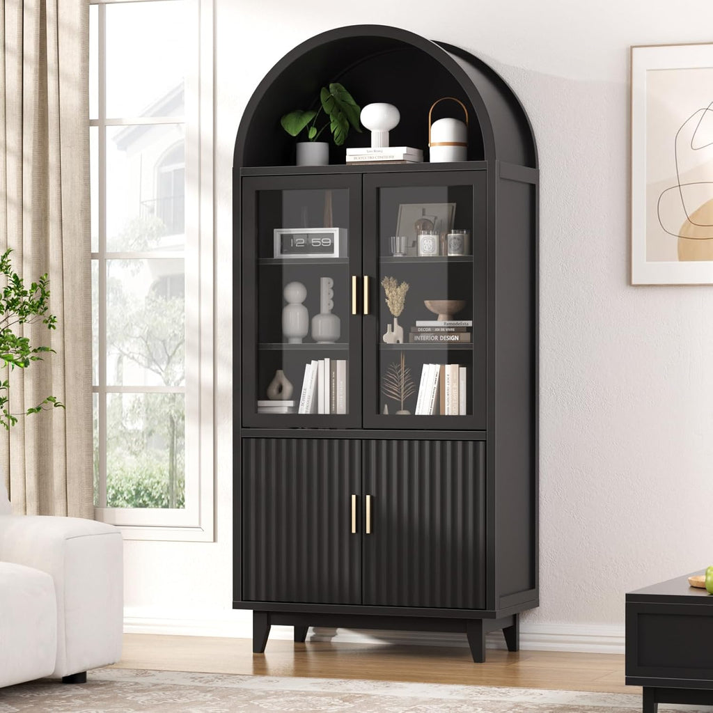 FiveWillowise Kitchen Pantry Cabinet with Glass Doors - Arched Design, Solid Wood Legs, Artistic Fluted Door, Adjustable Shelves, 70.8" Curved Storage Cabinet for Kitchen, Dining Room