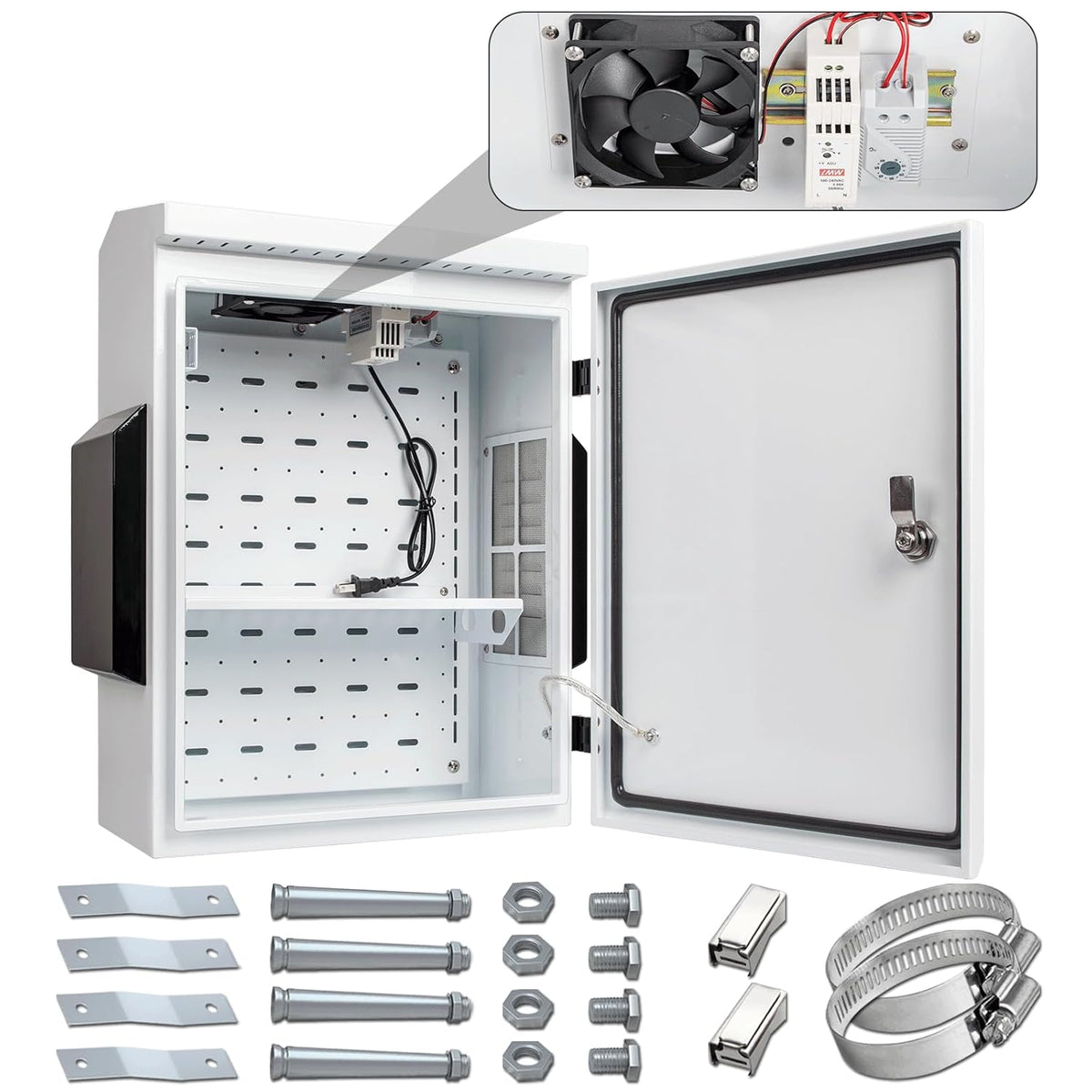 Outdoor Electrical Box with Thermostat and Fan, Cold-Rolled Steel Plate, Aluminum Alloy Back Beam, One-Piece Ventilation Design, IP65 Waterproof, Wall/Pole Mounted. (19.6" x 15.7" x 7.9")