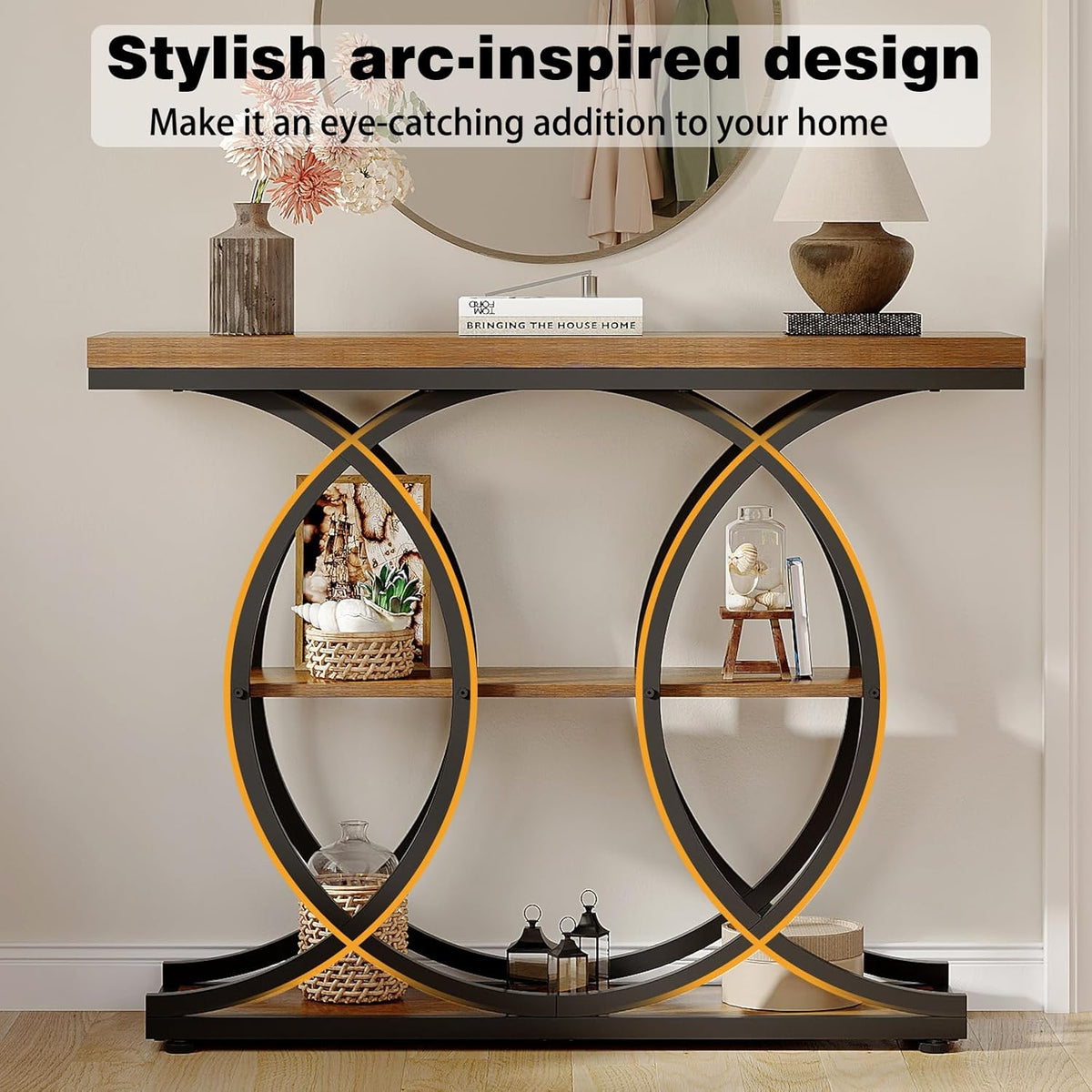 GiftGo Narrow Console Table for Entryway Industrial 3-Tier Sofa Table Behind Couch with Circle Base Wooden Accent Wall Tables with Storage Shelves for Living Room, Hallway, Foyer (Rustic Brown)