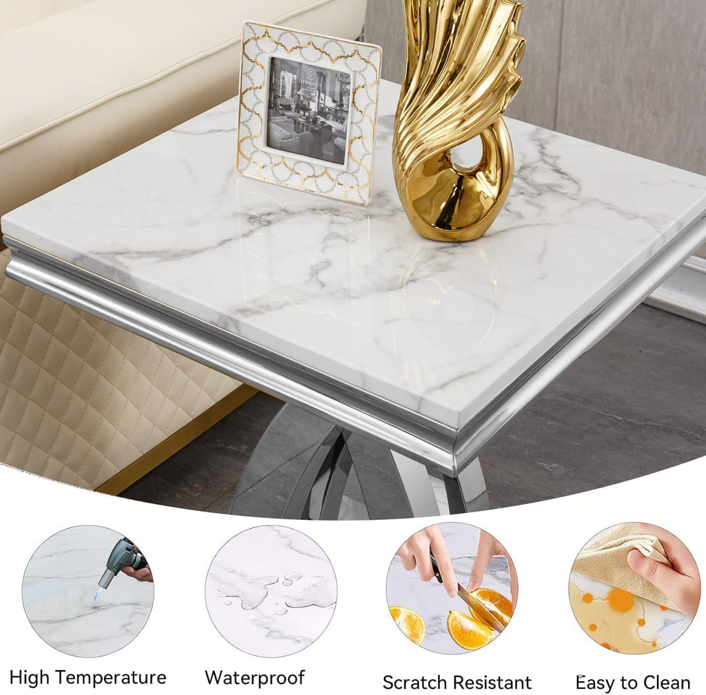 Marble End Table Modern Square Silver Living Room Table Sofa Side Table with Mirrored X-Shape Stainless Steel Base, Luxury White Faux Marble Small Bed Side Corner Table for Living Room Bedroom