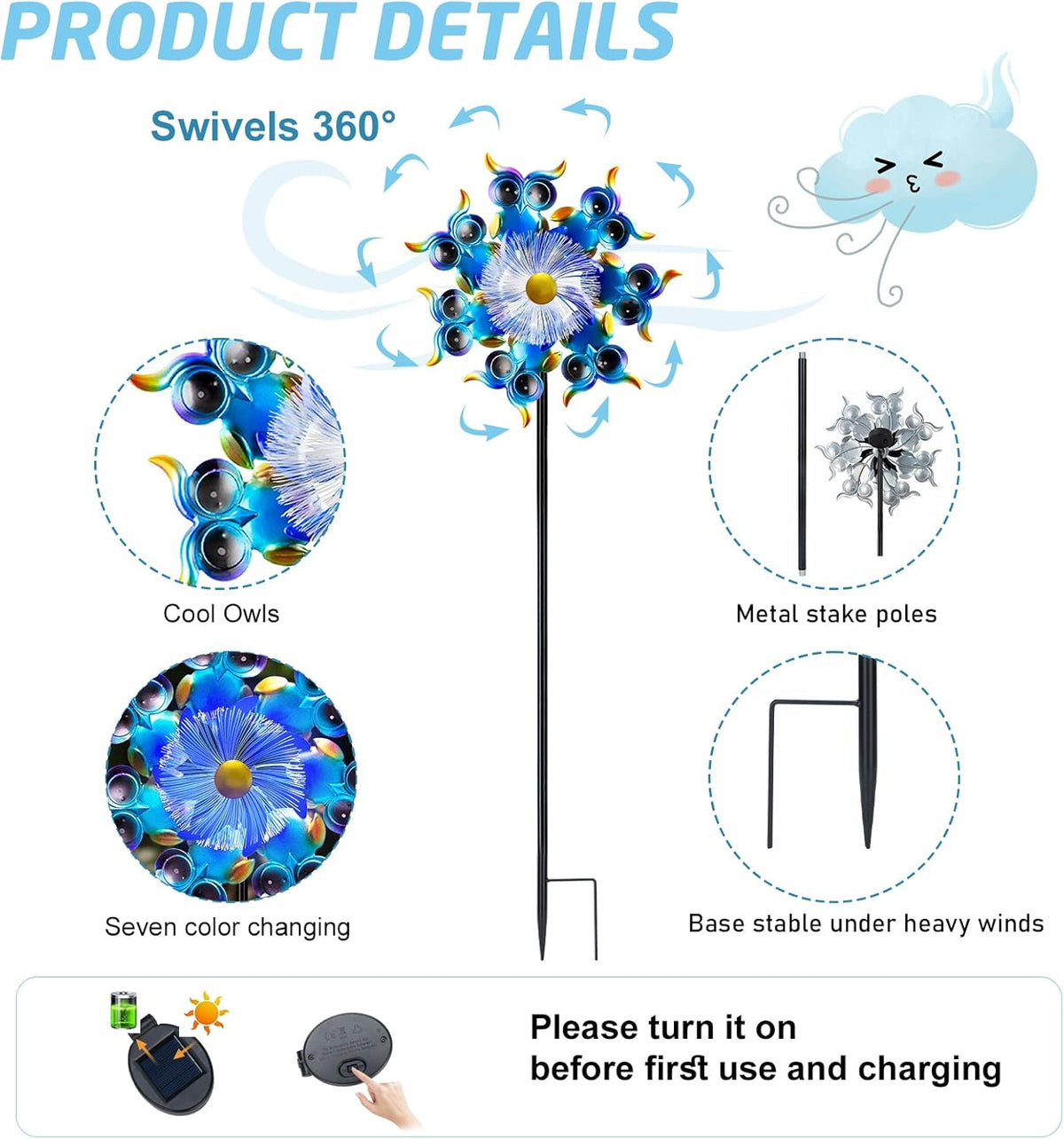 Solar Owls Wind Spinners for Yard and Garden,51 Inch Solar Windmill Seven Color LED Light Whirligig Kinetic Spinner to Scare Birds Decor for Lawn, Patio,Owl Gift Metal Wind Outdoor Sculpture