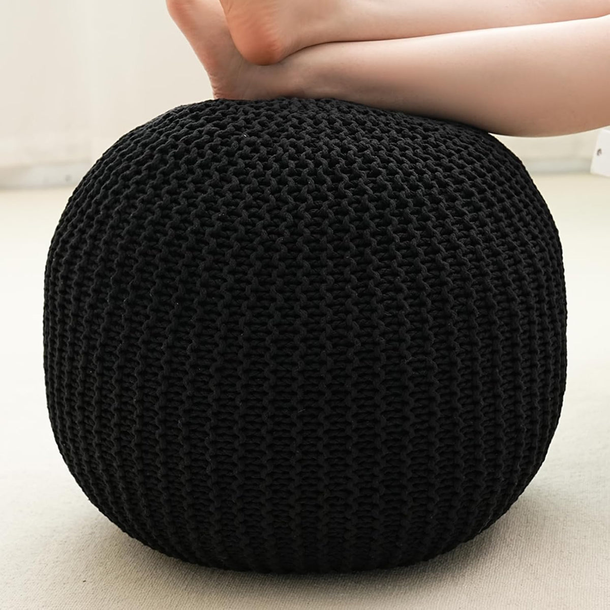 Pouf Ottoman Stuffed Round Modern Foam Filled Foot Rest Poufs for Living Room Chair Decorative 20 X 14 Inches Boho Relax Stool for Wedding Christmas Party, (Black, 20 Inch)