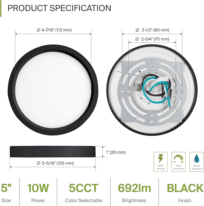 ASD LED 5" Round Flush Mount Ceiling Light Fixture, Low Profile Surface Lighting | 5CCT, Dimmable, Ultra-Thin, ETL Listed | 10W 700LM 2700-6000K 120V | Kitchen, Bedroom, Hallway Lamp | Black, 6 Pack