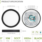 ASD LED 5" Round Flush Mount Ceiling Light Fixture, Low Profile Surface Lighting | 5CCT, Dimmable, Ultra-Thin, ETL Listed | 10W 700LM 2700-6000K 120V | Kitchen, Bedroom, Hallway Lamp | Black, 6 Pack