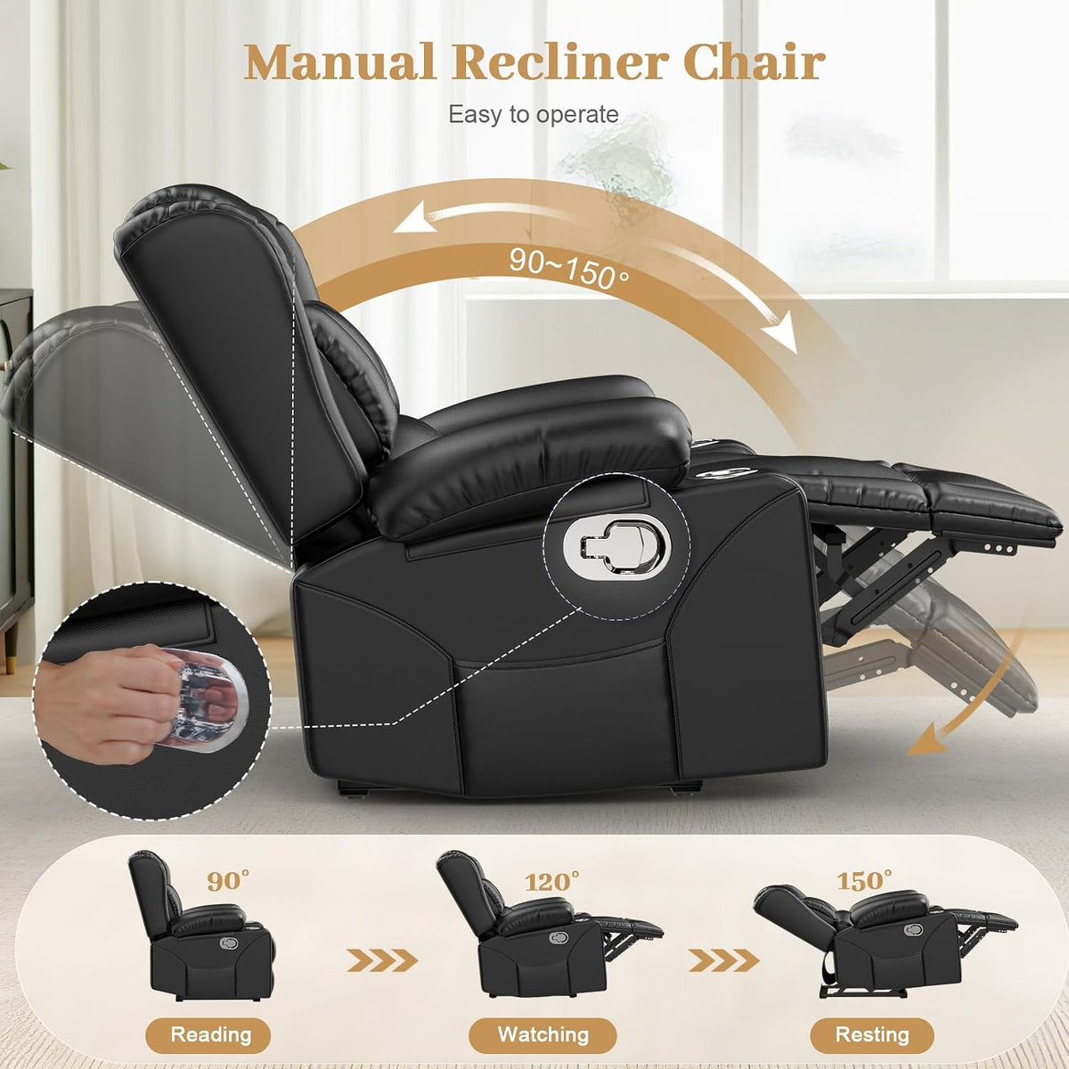 RV Recliner Chair, Oversized Reclining Loveseat Home Theater Seating with Cup Holders, Insert Pockets, Wall Hugger RV Recliners for Movie Room, Recline Movie Seats Gaming Sofa, Black