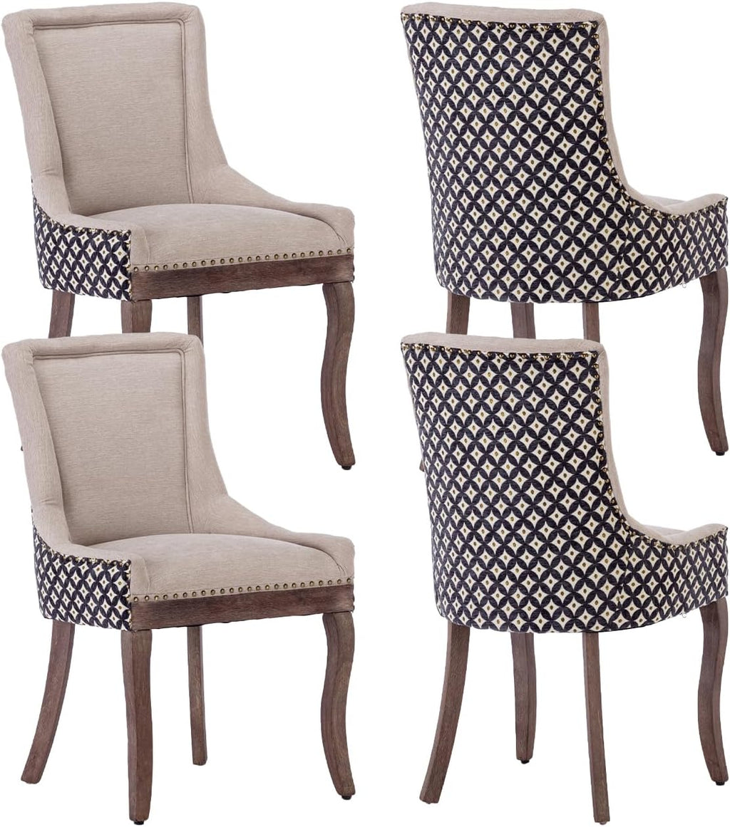 Beige Pattern Upholstered Dining Chairs Set of 4, Farmhouse Kitchen Chairs | Nailhead trim; solid wood legs; breathable fabric; high back; easy assembly; heavy duty dining chairs 400 lb capacity