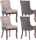 Beige Pattern Upholstered Dining Chairs Set of 4, Farmhouse Kitchen Chairs | Nailhead trim; solid wood legs; breathable fabric; high back; easy assembly; heavy duty dining chairs 400 lb capacity