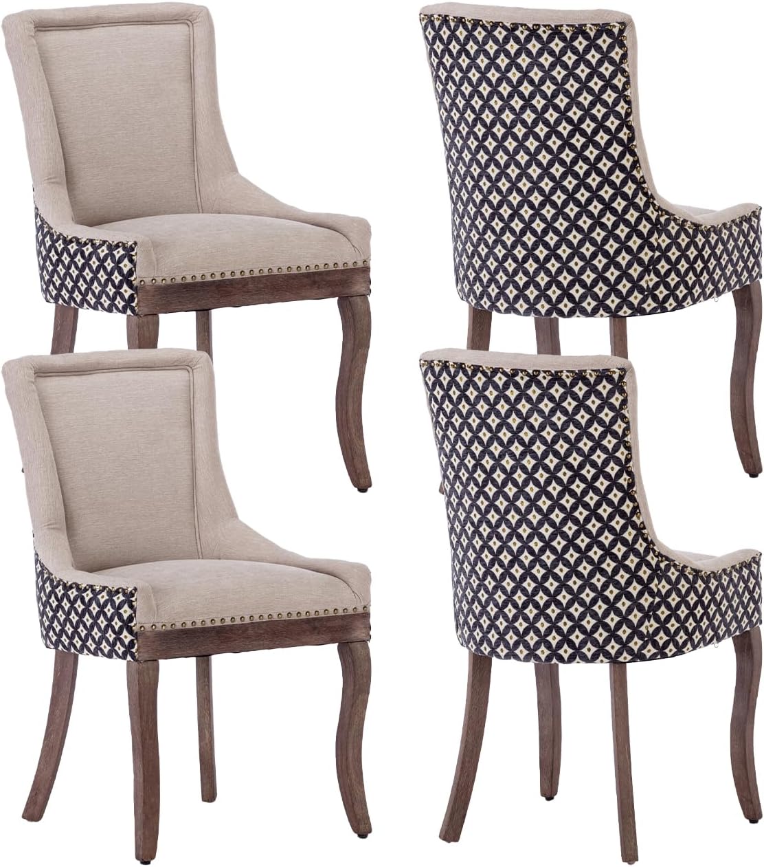 Beige Pattern Upholstered Dining Chairs Set of 4, Farmhouse Kitchen Chairs | Nailhead trim; solid wood legs; breathable fabric; high back; easy assembly; heavy duty dining chairs 400 lb capacity