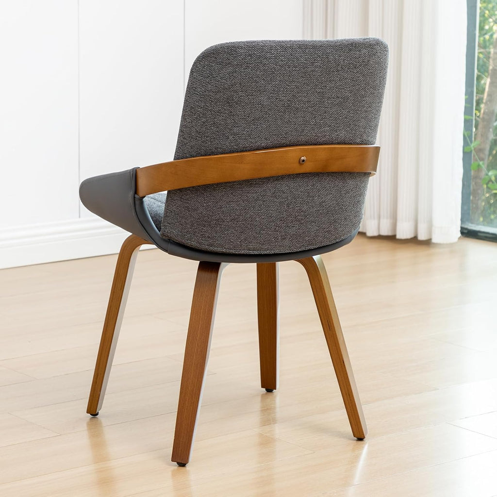 Dining Room Chairs Set of 2, Mid Century Modern Gray Fabric+Faux Leather Kitchen Chairs No Arms,Bamboo Legs Side Chairs No Wheels,Accent Chair for Dining Rooms