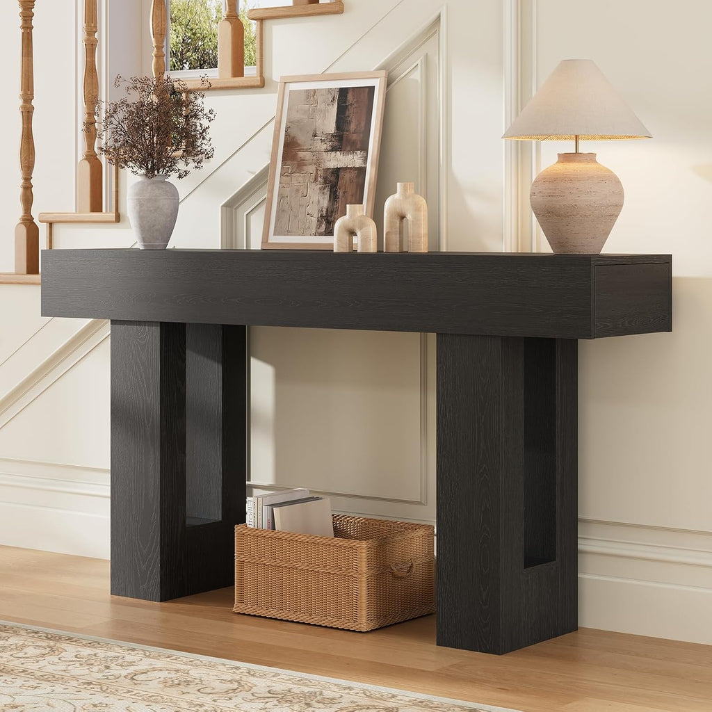 Airynee 63 Inches Long Console Table for Entryway with Drawers, Wooden Sofa Table Behind Couch, Industrial Entry Table for Living Room, Foyer, Hallway, Black