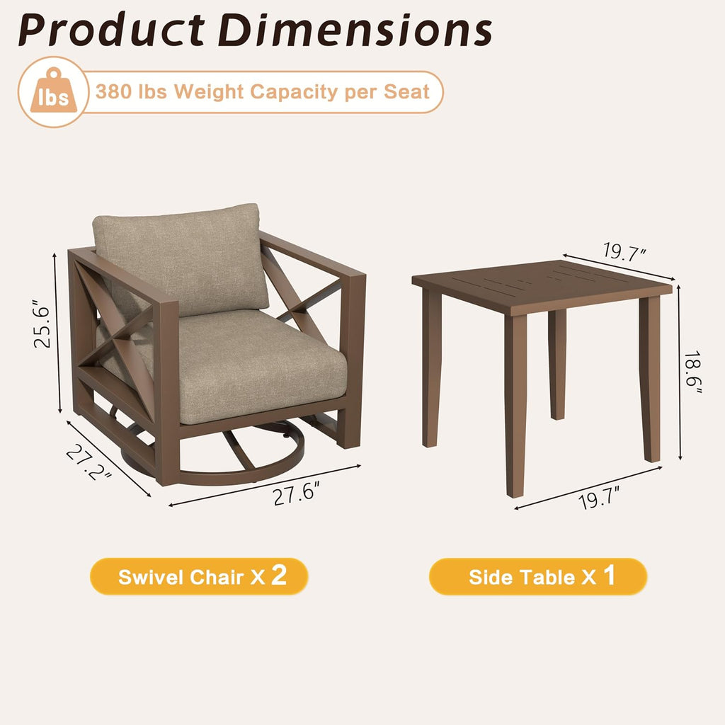 3 Piece Patio Outdoor Aluminum Swivel Rocking Chair with Coffee Table and 6" Thickened Cushions, All Weather Outdoor Furniture Chairs for Garden, Poolside, Deck-Brown