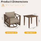 3 Piece Patio Outdoor Aluminum Swivel Rocking Chair with Coffee Table and 6" Thickened Cushions, All Weather Outdoor Furniture Chairs for Garden, Poolside, Deck-Brown
