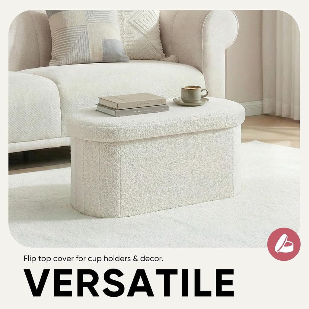 30 Inches Oval Ottoman with Storage, Boucle Sherpa Storage Ottoman Bench, Folding Foot Rest Chest for Bedroom Living Room