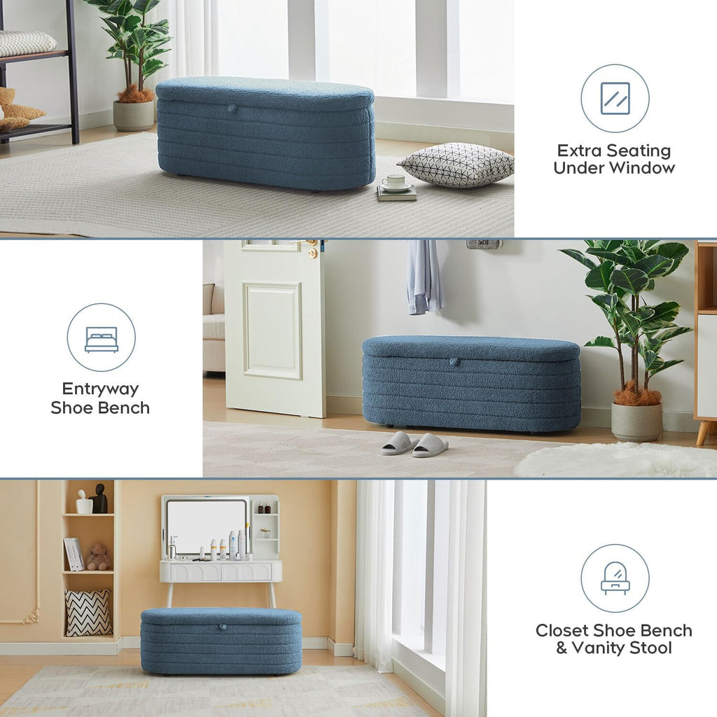Storage Ottoman Bench End of Bed for Bedroom,45 inch Boucle Upholstered Entryway Shoe Seat Bench w/Storage,Sherpa Modern Padded Blanket Chest Stool Foot Rest for Living Room,Window Seating,Blue