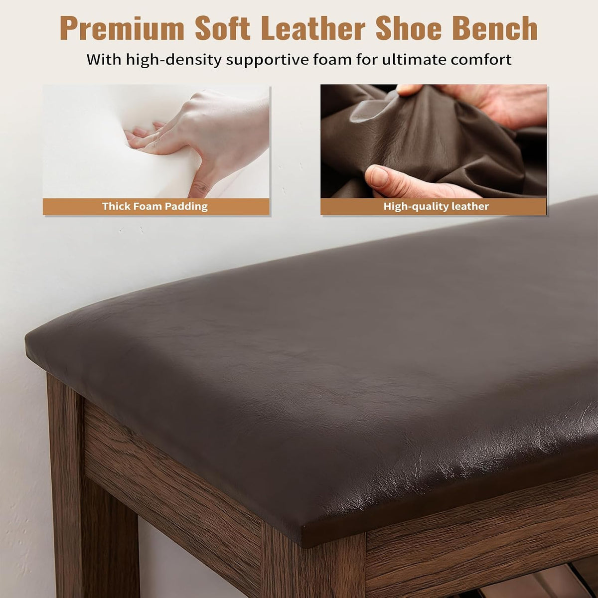 24" Short Entryway Shoe Storage Bench with Cushion, Height Adjustable 3-Tier Rubberwood Shoe Rack with Hidden Compartment, Brown Wood Shoe Organizer for Small Spaces