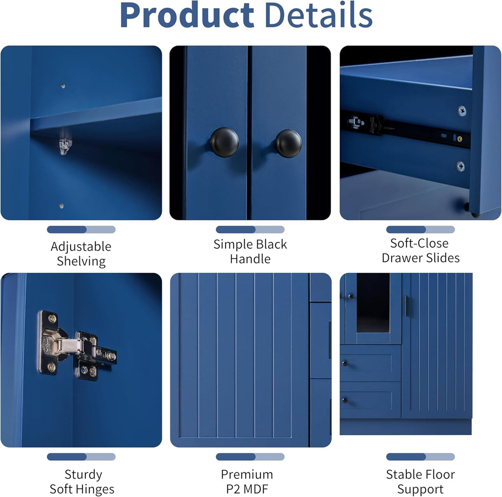 Merax Modern Large Kitchen Pantry with 6 Doors, 53.2''Lx17.7''W Storage Cabinet Cupboard with Drawers, Adjustable Shelves, Pull-Out Trays and Wine Rack for Dining Room, Blue