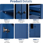 Merax Modern Large Kitchen Pantry with 6 Doors, 53.2''Lx17.7''W Storage Cabinet Cupboard with Drawers, Adjustable Shelves, Pull-Out Trays and Wine Rack for Dining Room, Blue