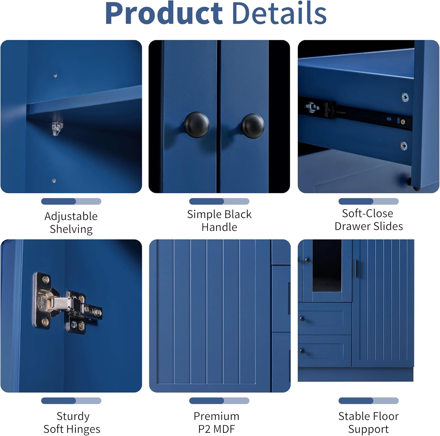 JIVOIT 71''H Large Kitchen Pantry with 6 Doors, Drawers, Adjustable Shelves, Door Shelves, Pull-Out Trays and Wine Rack, Modern Wood Storage Cabinet Cupboard for Dining Room (Blue/170)