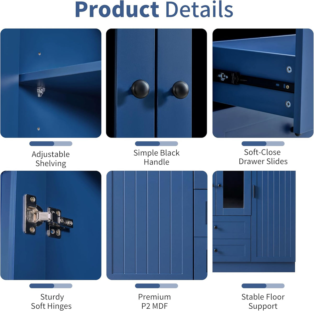 VilroCaz Wood Large Kitchen Pantry with 6 Doors, 53.2''Lx17.7''W Storage Cabinet Cupboard with Drawers, Adjustable Shelves, Pull-Out Trays and Wine Rack for Dining Room (Blue-4.19)