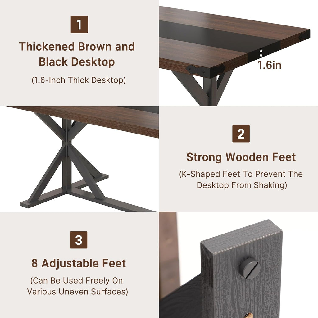 Hlivelood 71 Inch Dining Table for 6 People, Rectangular Kitchen Farmhouse Table W/Thickness Waterproof Wood Tabletop,Long Dining Room Tables W/Wood Strip Base for Kitchen Living Room(Brown&Black)