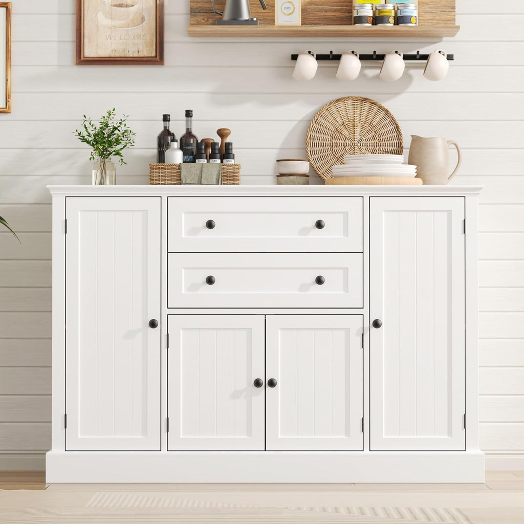 Farmhouse 47" Buffet Cabinet with Storage,Large Sideboard Buffet with Drawers and Adjustable Shelves, Rustic Coffee Bar Cabinet for Kitchen, White