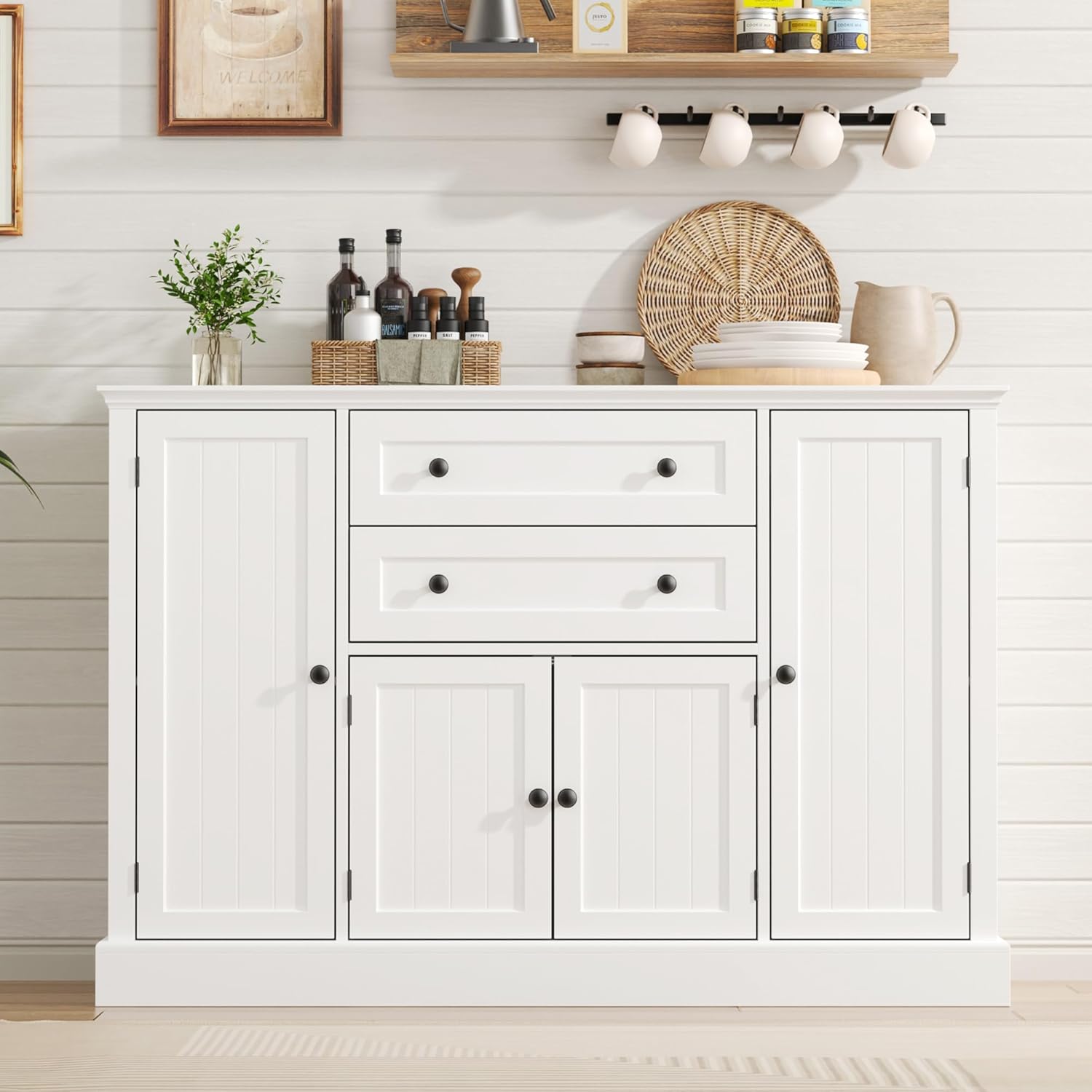 Farmhouse 47" Buffet Cabinet with Storage,Large Sideboard Buffet with Drawers and Adjustable Shelves, Rustic Coffee Bar Cabinet for Kitchen, White