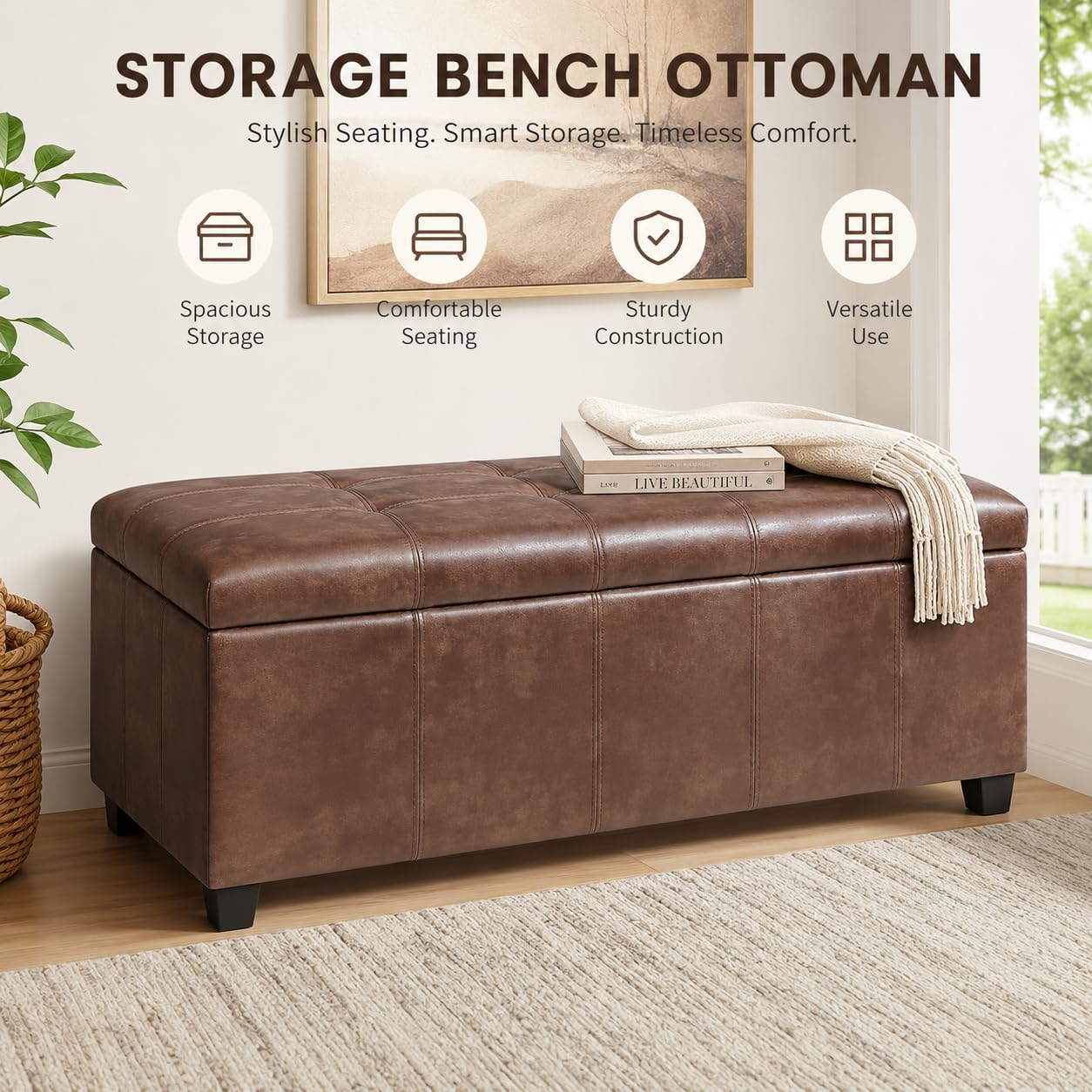 Homebeez 48" Faux Leather Storage Ottoman,End of Bed Bench,Upholstered Ottoman Bench with Storage for Living Room,Bedroom,Entryway