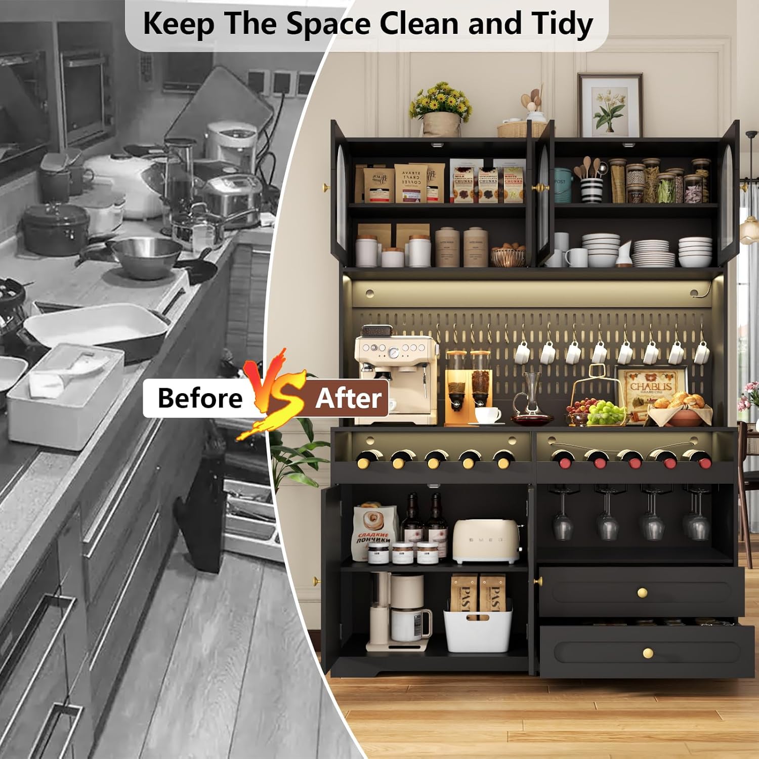 71'' Tall Kitchen Pantry Storage Cabinet, Modern Kitchen Hutches Storage Cabinet with Countertop, LED Black Pantry Cabinet with Wine & Glass Rack, 47'' Extra Wide Pantries with DIY Pegboard & Drawers