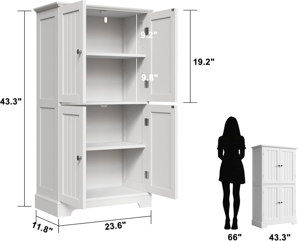 ChooChoo Bathroom Floor Cabinet, Modern Bathroom Storage Cabinet with 4 Doors and Adjustable Shelves, Freestanding Cupboard for Living Room, White | Bathroom Storage Cabinet, 4 Doors, Freestanding Cupboard for Living Room, White