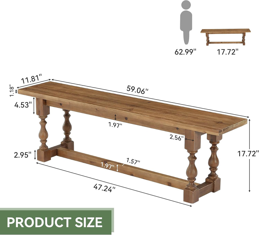 Rustic Solid Wood Entryway Bench, 59.1" Long Farmhouse Dining Seat with Turned Legs, End of Bed Bench for Entryway, Dining Room, Bedroom, Holds Up to 300 lb, Easy Assembly, Natural Brown