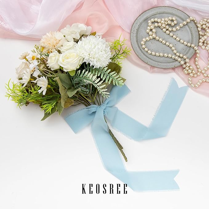 3 Rolls Light Blue Handmade Chiffon Ribbon,1.5" x 21Yd Frayed Fringe Silk Ribbons (3 Rolls *7Yd) for Gifts Wrapping, Wedding Invitations, Bridal Bouquets, Decorations