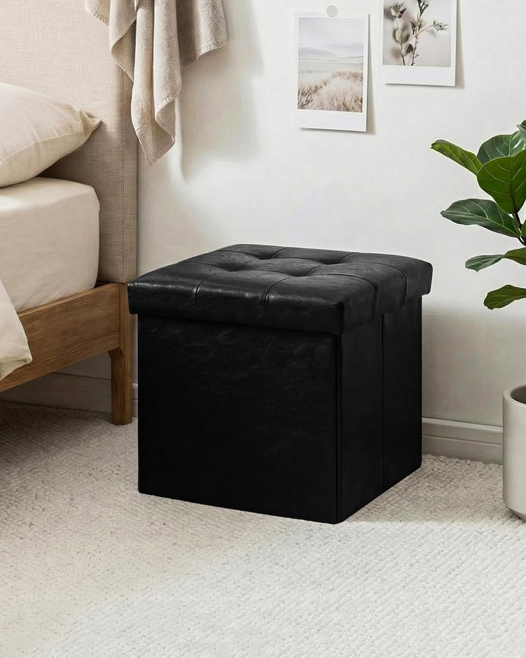 B FSOBEIIALEO Storage Ottoman Small Cube, Foot Rest Seat Faux Leather Dorm Room Ottoman Black 12.6"X12.6"X12.6" (2 Pack)