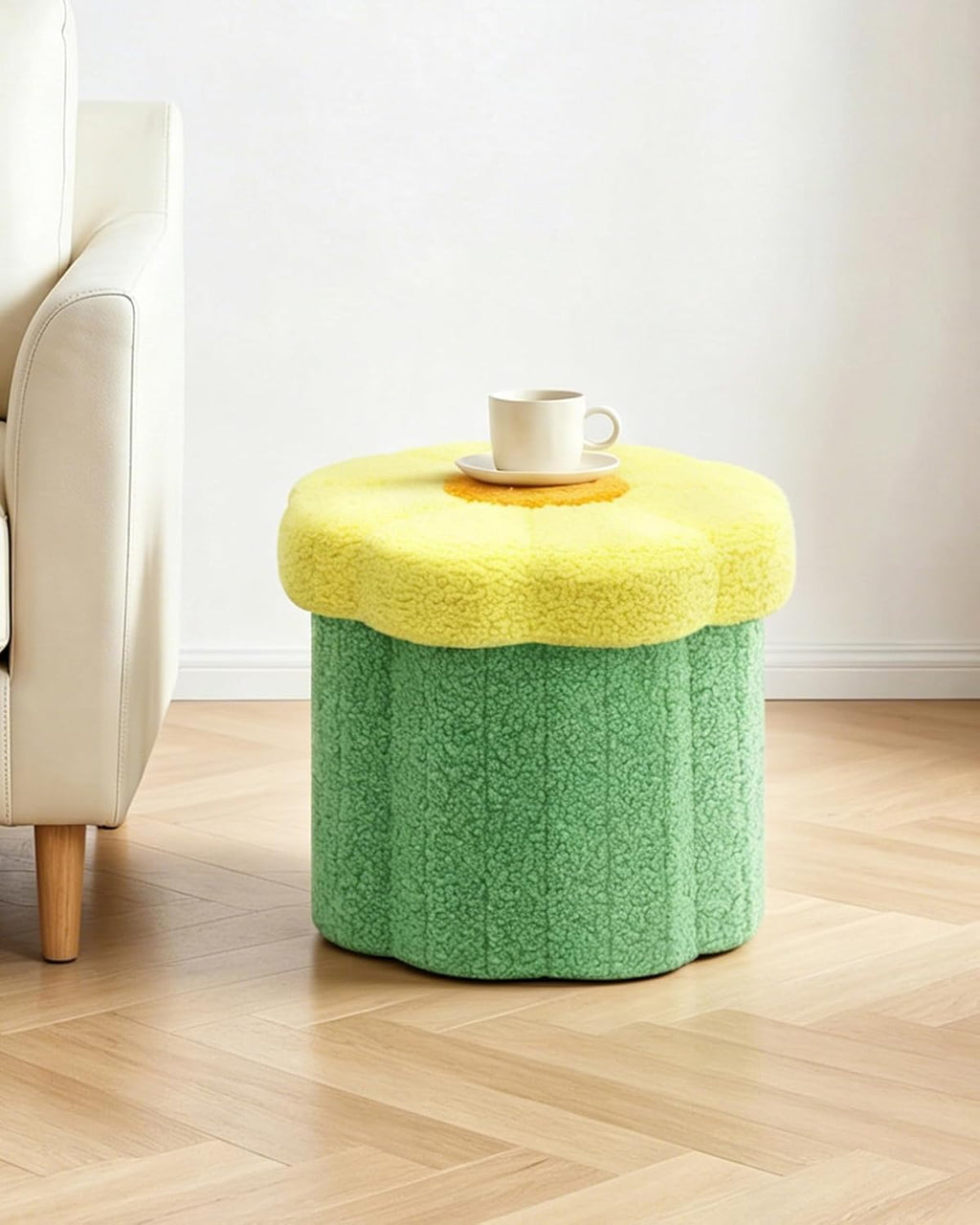 B FSOBEIIALEO Storage Ottoman Foldable, Sunflower Shaped Small Footrest Collapsible Folding Seat Bench for Bedroom Living Room Entryway, Faux Teddy Fur, Green 12.6"x12.6"x11.4"