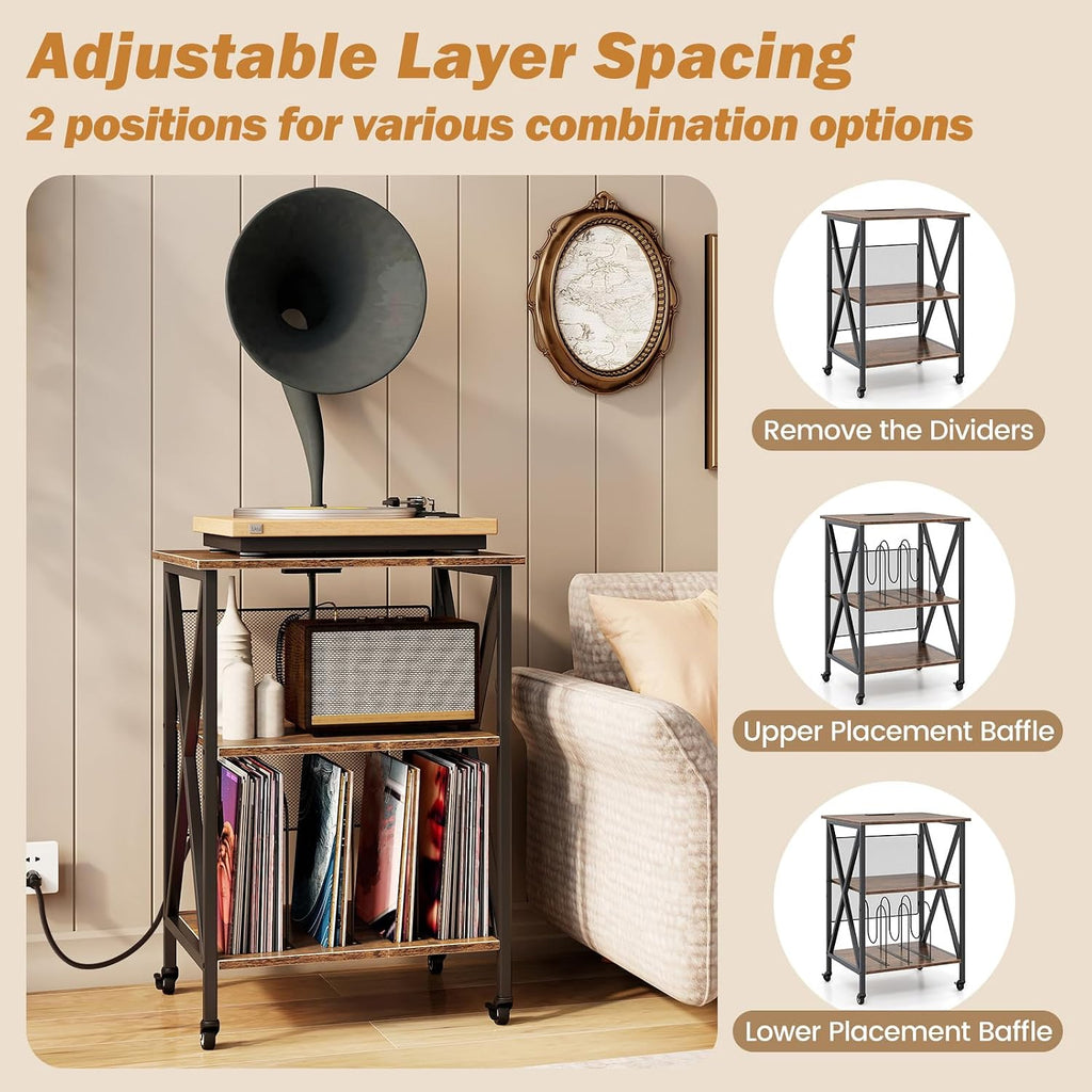 GOFLAME Record Player Stand with Power Outlet, 3-Tier Industrial Rolling Turntable Stand with 3 Vinyl Record Storage Dividers, Adjustable Shelf & Wheels for Living Room, Bedroom, Rustic Brown