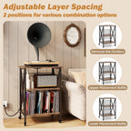 GOFLAME Record Player Stand with Power Outlet, 3-Tier Industrial Rolling Turntable Stand with 3 Vinyl Record Storage Dividers, Adjustable Shelf & Wheels for Living Room, Bedroom, Rustic Brown