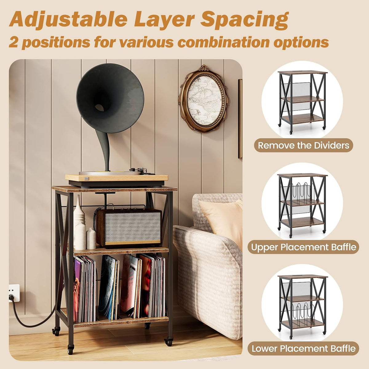 GOFLAME Record Player Stand with Power Outlet, 3-Tier Industrial Rolling Turntable Stand with 3 Vinyl Record Storage Dividers, Adjustable Shelf & Wheels for Living Room, Bedroom, Rustic Brown