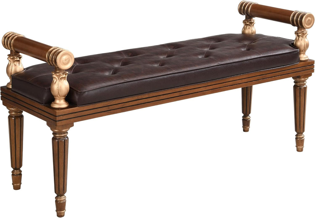 Christopher Knight Home Yae Luxurious PU Leather Upholstered End of Bed Ottoman, Wooden Living Room Ottoman Bench with Fluted Legs/Cylindrical Arm, Long Entryway Bench with Button Tufting, Brown