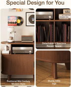 Record Player Stand, Midcentury Modern Furniture Turntable Stand with Sliding Doors, Audio-Video Shelving Cabinet, Fluted Media Stand and TV Stand for Living Room, Bedroom (Walnut) (Large)